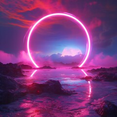 A glowing neon circle frame is showcased over an abstract landscape in the Generative AI image by Weber.
