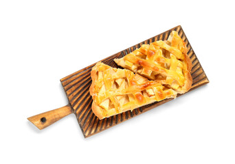Wooden board with pieces of delicious apple pie on white background