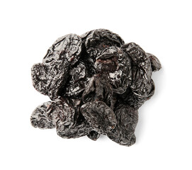 Heap of tasty dried plums on white background