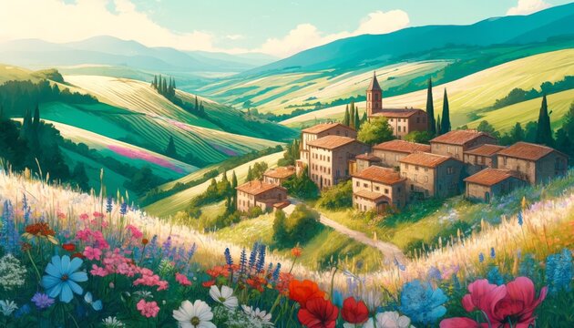 A breathtaking Spring landscape in the Italian countryside, featuring rolling hills covered in blooming wildflowers