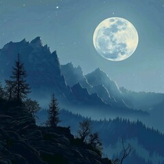 The moon illuminates the beautiful mountainscape, evoking a serene night ambiance.
