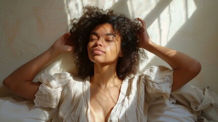 Fototapeta premium Radiant biracial woman relaxes, eyes closed, joyful sunlight streams across face and neutral-colored blouse, evoking tranquility and self-acceptance.