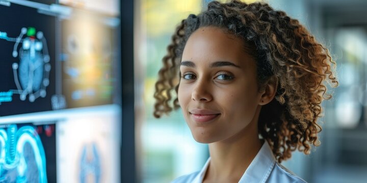 Confident biracial female medical professional with curly hair standing in front of colorful diagnostic images in modern hospital setting.