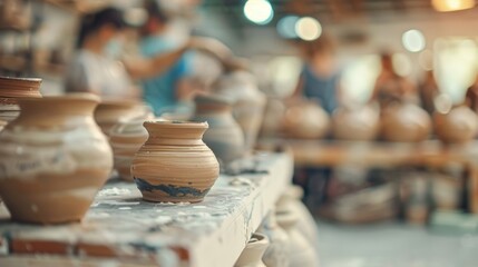 Blurred background of a pottery class focused on their creations.