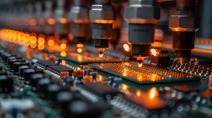 A detailed view of a microprocessor on an automated production line, highlighted by orange illumination from the equipment