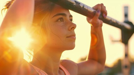 A young woman doing pullups on a solarpowered bar with the sun shining down on her as she works out.