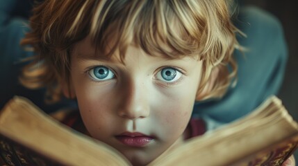 Close up of attractive child reading a book while looking at camera. Elementary student holding fairy tale novel book or bedtime stories with blurring background. Creative activity concept. AIG42. © InfiniteFlow