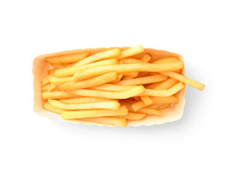 Paper box with tasty french fries isolated on white background