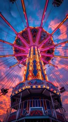 A vibrant amusement park ride illuminated with colorful lights against a stunning sunset sky, capturing the essence of fun and excitement.