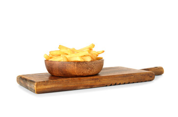 Board with wooden bowl of tasty french fries isolated on white background