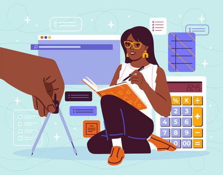 Woman cadastral engineer concept. Girl with calculator and compass conducts geodetic research of area to plan real estate construction project. Cartoon flat vector illustration