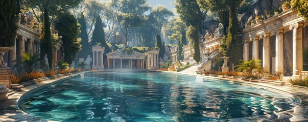 Scenic ancient Roman pool with surrounding architecture and lush vegetation, capturing a tranquil and historic ambiance.