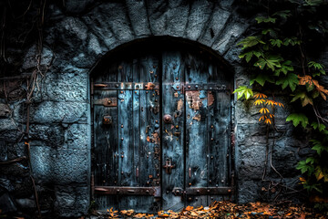Fototapeta premium Blue rustic wooden doors set in a stone wall with ivy leaves, ancient weathered abandoned entrance, bolts hinges medieval architecture
