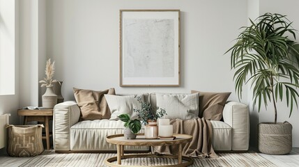 ISO A Paper Size Frame Mockup: Modern Living Room Wall Poster, 3D Render