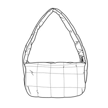 recommend clip art: Puffer Handbag for Women, Quilted Down Padded Satchel Bag for Shopping and Travel Line art, outline vector doodle illustration front view, isolated on white background