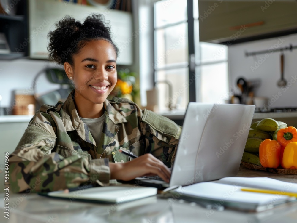 Sticker A woman in military uniform sitting at a table with laptop. Generative AI.