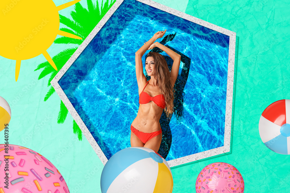 Sticker Creative collage with beautiful woman in bikini among falling beach balls on color background