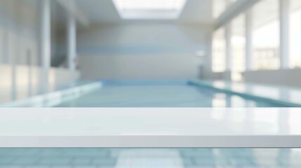A swimming pool with a white bench in the middle of it. Generative AI.