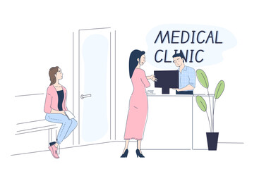 Fototapeta premium Clinic reception concept. People in medical building. Patients waiting for doctors. Health care and medicine, diagnosis and treatment. Linear vector illustration isolated on white background