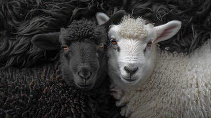 Two sheep are laying down next to each other. One is black and the other is white. The sheep are looking at the camera