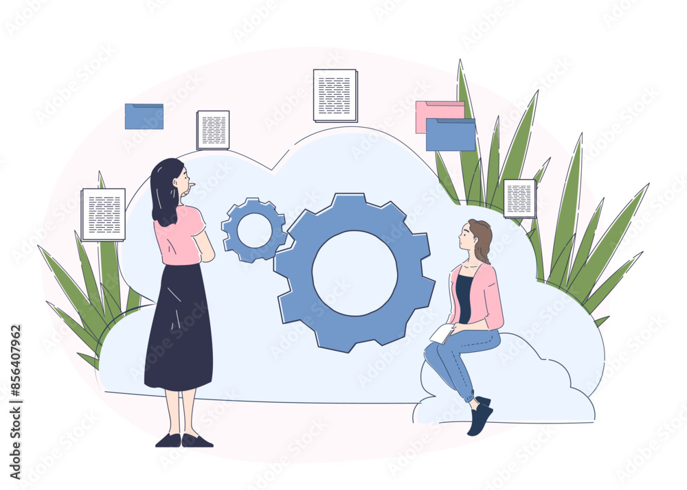 Poster cloud based engine concept. programmers and it specialists develop program and application. electron
