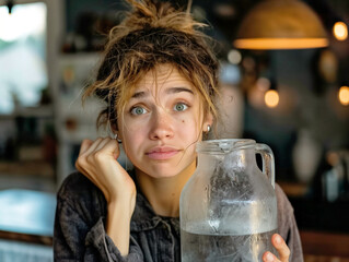 A woman with messy hair is holding a glass pitcher of water. She looks sad and is leaning on her hand