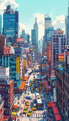 Obraz premium Colorful cityscape of a bustling urban street with skyscrapers, yellow taxis, and vibrant signs under a blue sky.