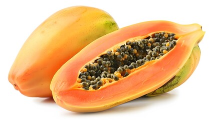 whole and half of ripe papaya fruit with seeds isolated on white background.