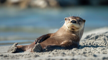 Obraz premium Playful Otter on the Beach