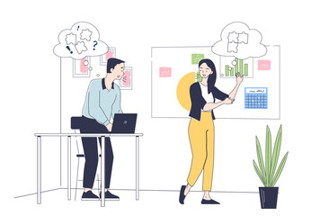 Conflict resolution at workplace. Man and woman in office with strategy development. Brainstorming, colleagues with ideas and insights. Linear vector illustration isolated on white background