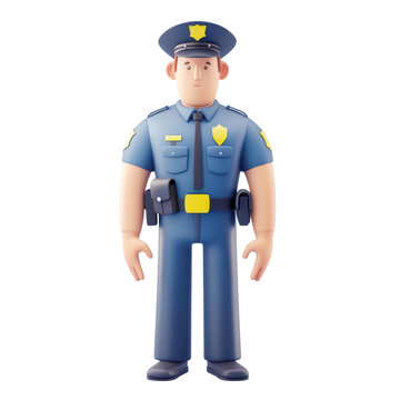 recommend clip art: 3D cartoon policeman in uniform, standing upright, isolated on white background, suitable for security or law enforcement illustrations.