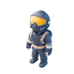 Naklejka premium 3D illustration of a stylized astronaut in a blue spacesuit, with a yellow visor, standing in a neutral pose.