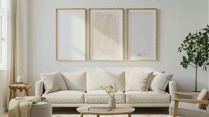 Interior Mockup with House Background: Frame and Wall Poster in Modern Living Room, ISO A Paper Size, 3D Render