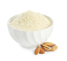 Fresh almond flour in bowl and nuts isolated on white
