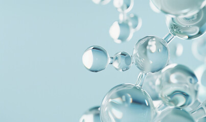 Cosmetic or medicine molecule structure with blue atoms connected by bonds, on blue background. Hyaluronic acid atom structure