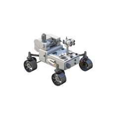 A detailed image of a modern Mars rover model showcasing its intricate design and wheels for exploring the Martian surface.