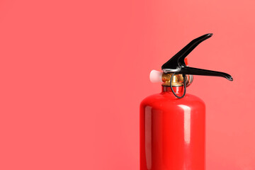 One fire extinguisher on red background, space for text