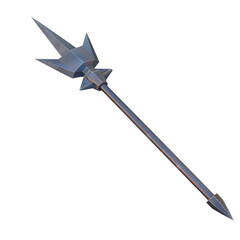 A highly detailed, medieval-style metal spear with a triangular spearhead, isolated against a white background.