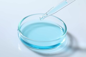 Dripping liquid from pipette into petri dish at white table, closeup