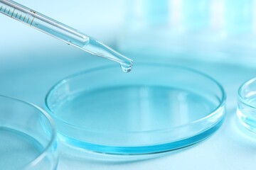 Dripping liquid from pipette into petri dish on blurred background, closeup. Laboratory analysis