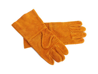 Protective gloves isolated on white, top view. Safety equipment