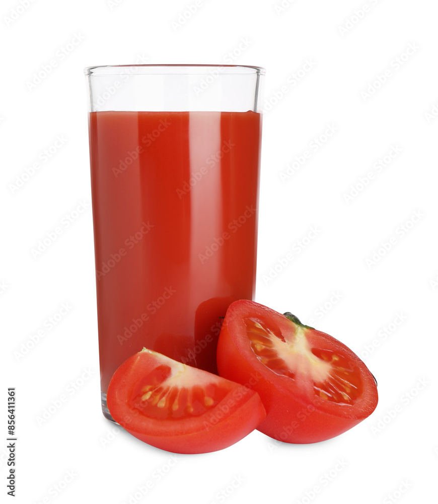 Poster tasty tomato juice in glass and fresh vegetables isolated on white