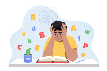 Boy with dyslexia. Schoolboy tries to read book. Mental and psychological disorders. Pupil with problem of reading and understanding words. Cartoon flat vector illustration isolated on background