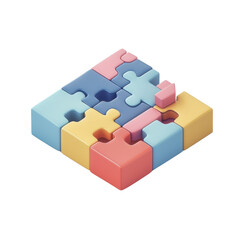 Obraz premium Colorful 3D puzzle pieces fitting together, symbolizing teamwork, problem-solving, and creativity in a minimalist design.
