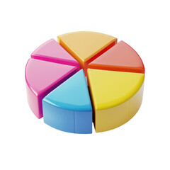 Obraz premium Colorful 3D pie chart with six segments in various colors, representing data visualization and business analytics.