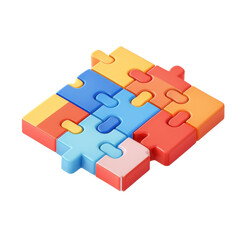 Colorful 3D puzzle pieces assembled together, symbolizing teamwork, creativity, and problem-solving in vibrant hues.