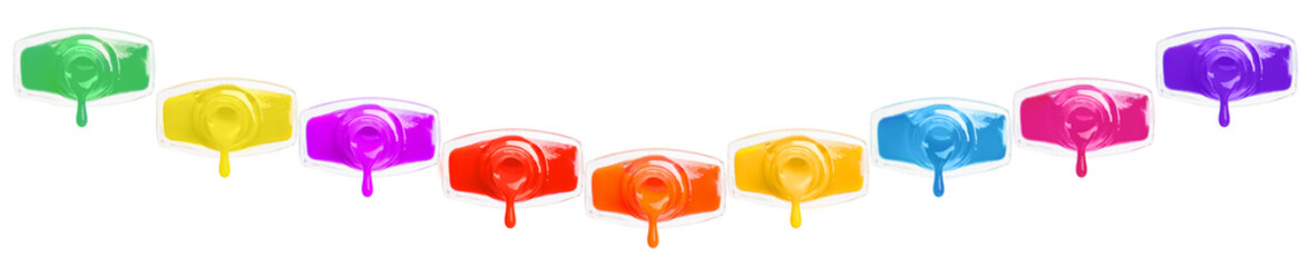 Nail polish of different colors dripping from bottles on white background, collection