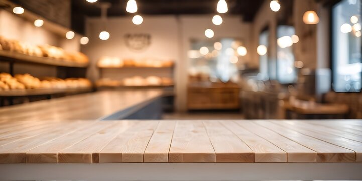 Wooden Table with blurred background of bakery shop. Generative ai