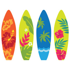 Surfboard  with tropical floral pattern vector cartoon illustration
