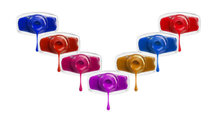 Nail polish of different colors dripping from bottles on white background, collection